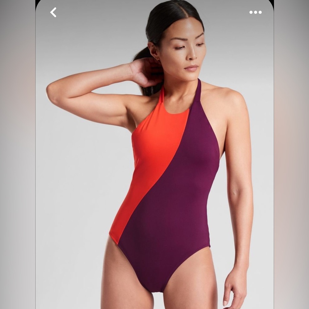 NEW! Athleta ASYN color block halter tie one piece reddish orange /plum suit M